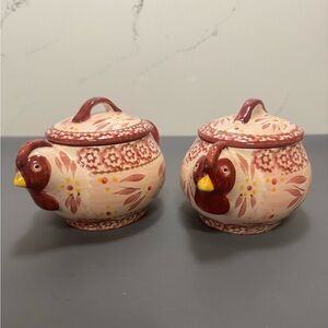 Handcrafted Ceramic Chicken Sugar Bowls - Red and Cream